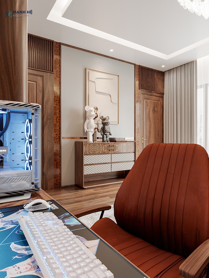 Kệ trang trí gồm hộc tủ không tay nắm với bề mặt được bọc đệm với thiết kế hình ô vuông tạo ấn tượng mạnh