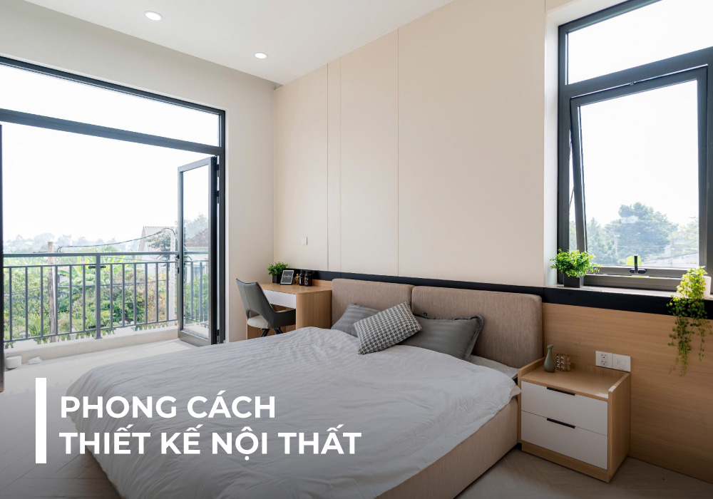 Thiết kế nội thất phòng ngủ với phong cách hiện đại cùng gam màu trung tính, được tích hợp nhiều ánh sáng từ cửa kính 