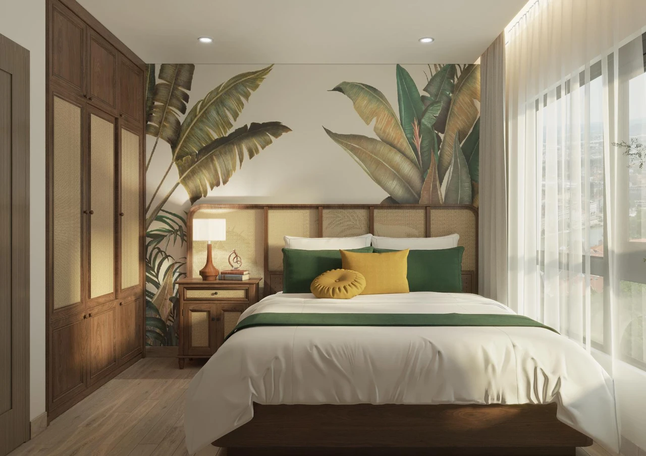 Phòng ngủ master được nhấn nhá bức tường đầu giường với màu xanh thiên nhiên và màu gỗ ấm áp