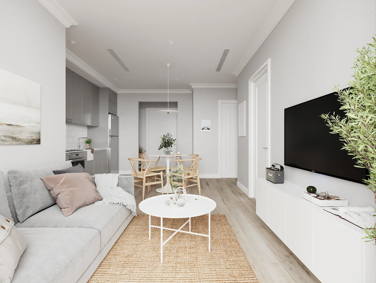 Tổng quan không gian phòng khách liền bếp chung cư 56m2 phong cách Bắc Âu vô cùng đẹp mắt