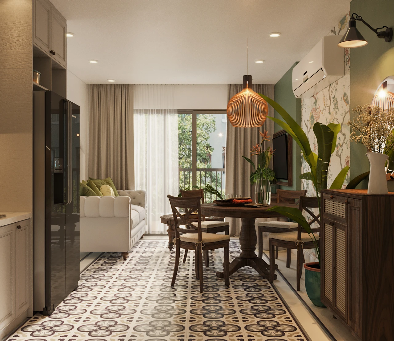 Không gian phòng khách căn hộ 56m2 hiện lên vô cùng ấm áp với phong cách Tropical