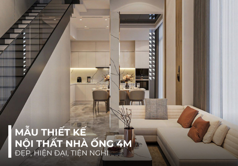 Không gian nhà ống 4m tinh tế với lối thiết kế mở, thông phòng khách và phòng bếp tạo không gian liền mạch