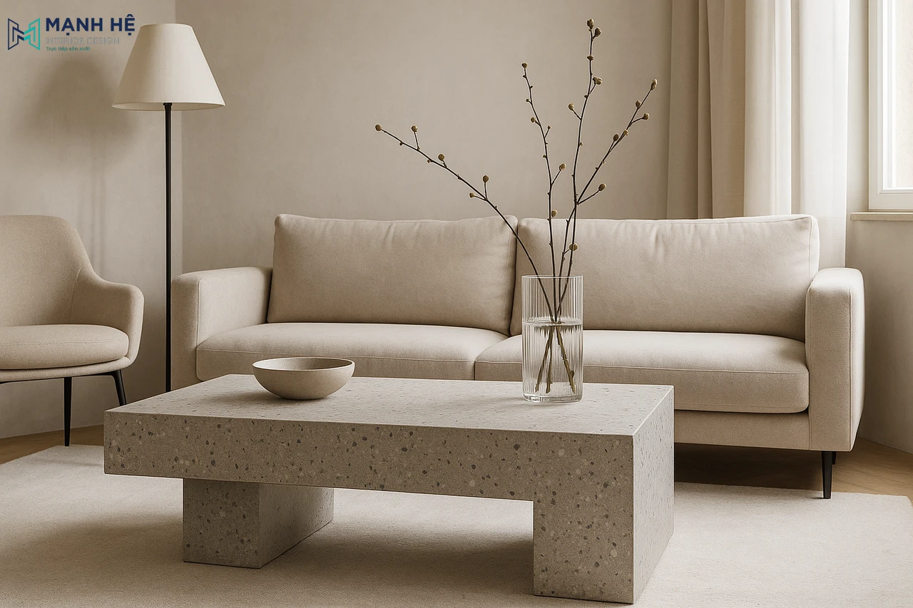 Bàn trà được thiết kế với vật liệu GFRC, có bề mặt mờ và hiệu ứng terrazzo độc đáo