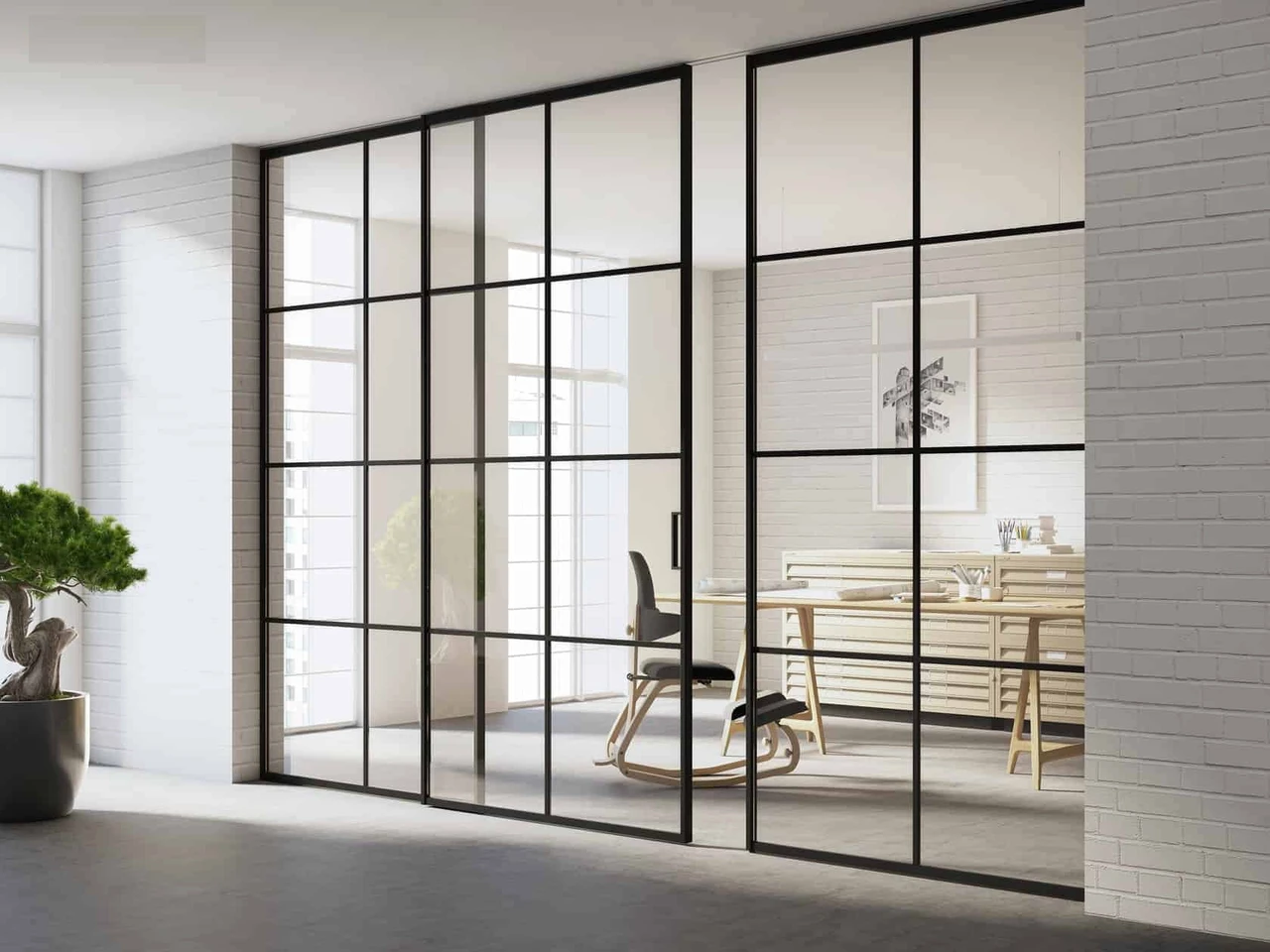 Dùng hệ nhôm kính Slim với cách thiết kế nhôm mỏng hiện đại để ngăn các khu vực trong không gian nhà bạn