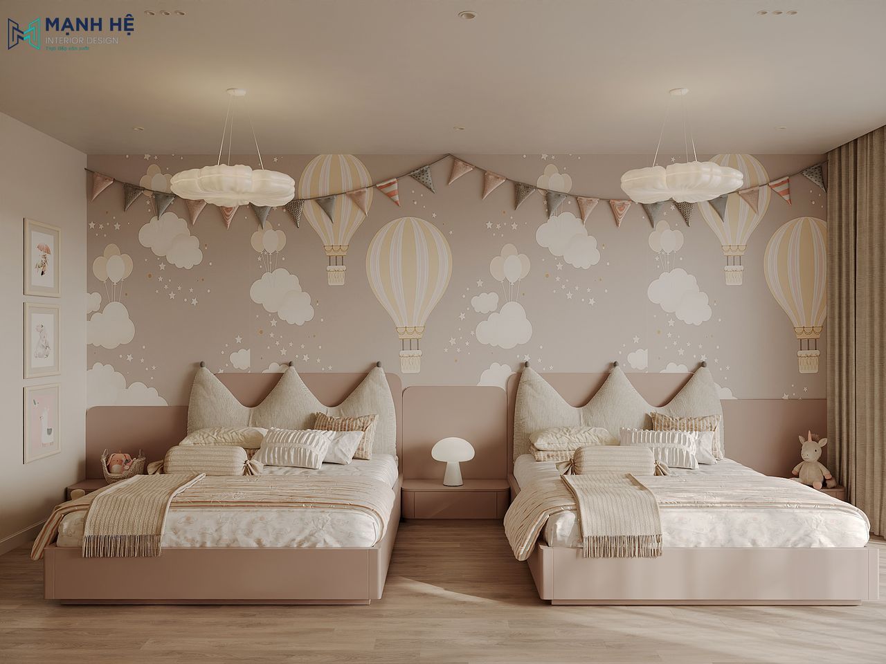 Thiết kế phòng ngủ cho 2 bé gái với giường đôi và trang trí giấy dán tường khinh khí cầu đáng yêu