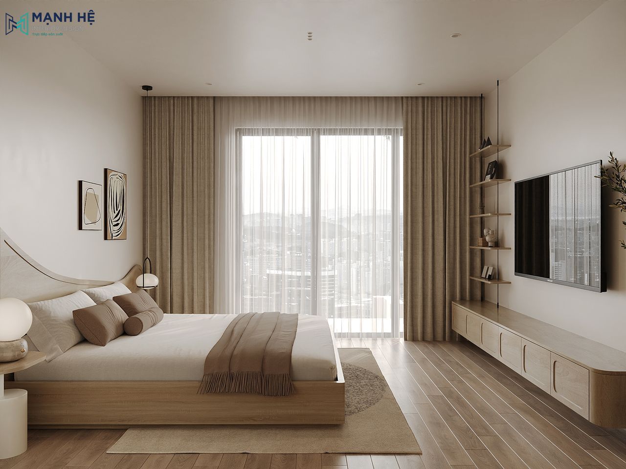 Thiết kế cửa sổ lớn tích hợp hệ rèm cửa 2 lớp màu be giúp tối ưu ánh sáng cho không gian phòng ngủ nhà phố
