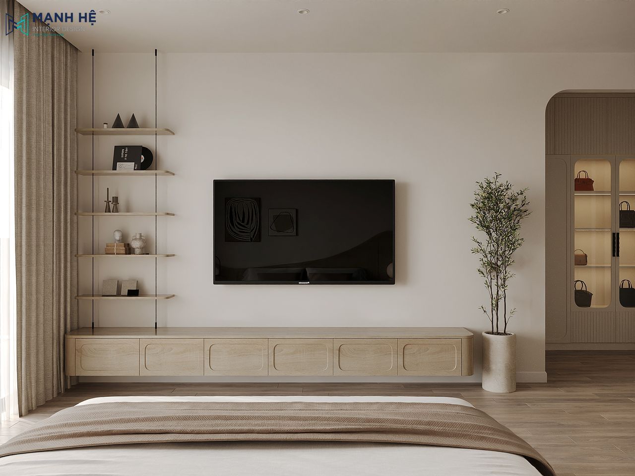 Thiết kế kệ tivi treo tường kết hợp kệ trang trí bằng gỗ và điểm nhấn cây xanh