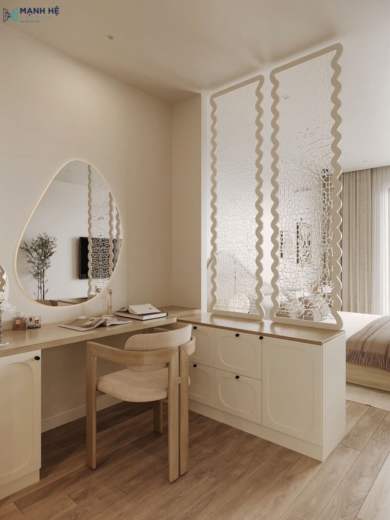 Góc bàn trang điểm kết hợp hệ tủ lưu trữ với thiết kế vách kính lượn sóng vừa nữ tính vừa cá tính