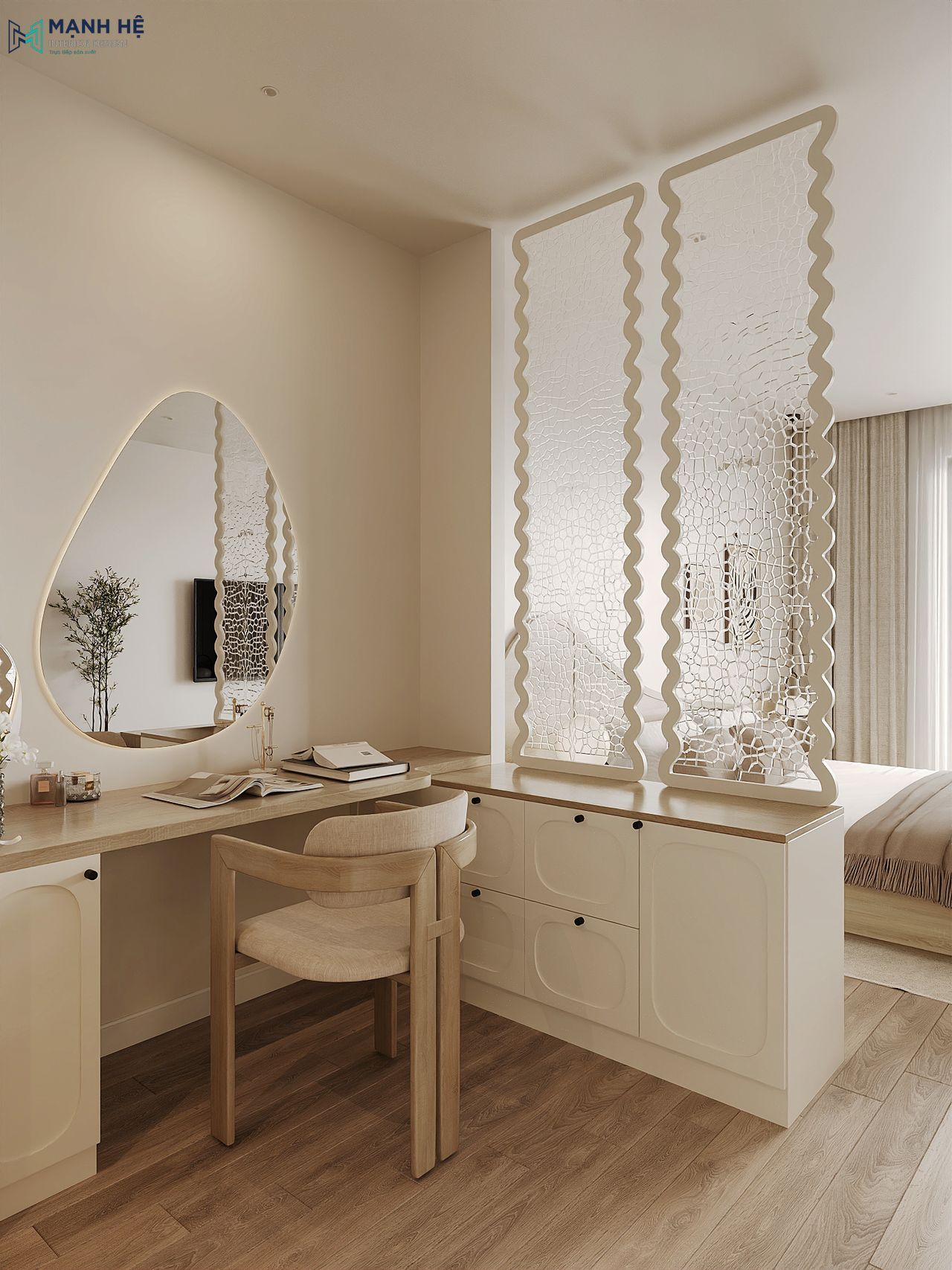 Góc bàn trang điểm kết hợp hệ tủ lưu trữ với thiết kế vách kính lượn sóng vừa nữ tính vừa cá tính