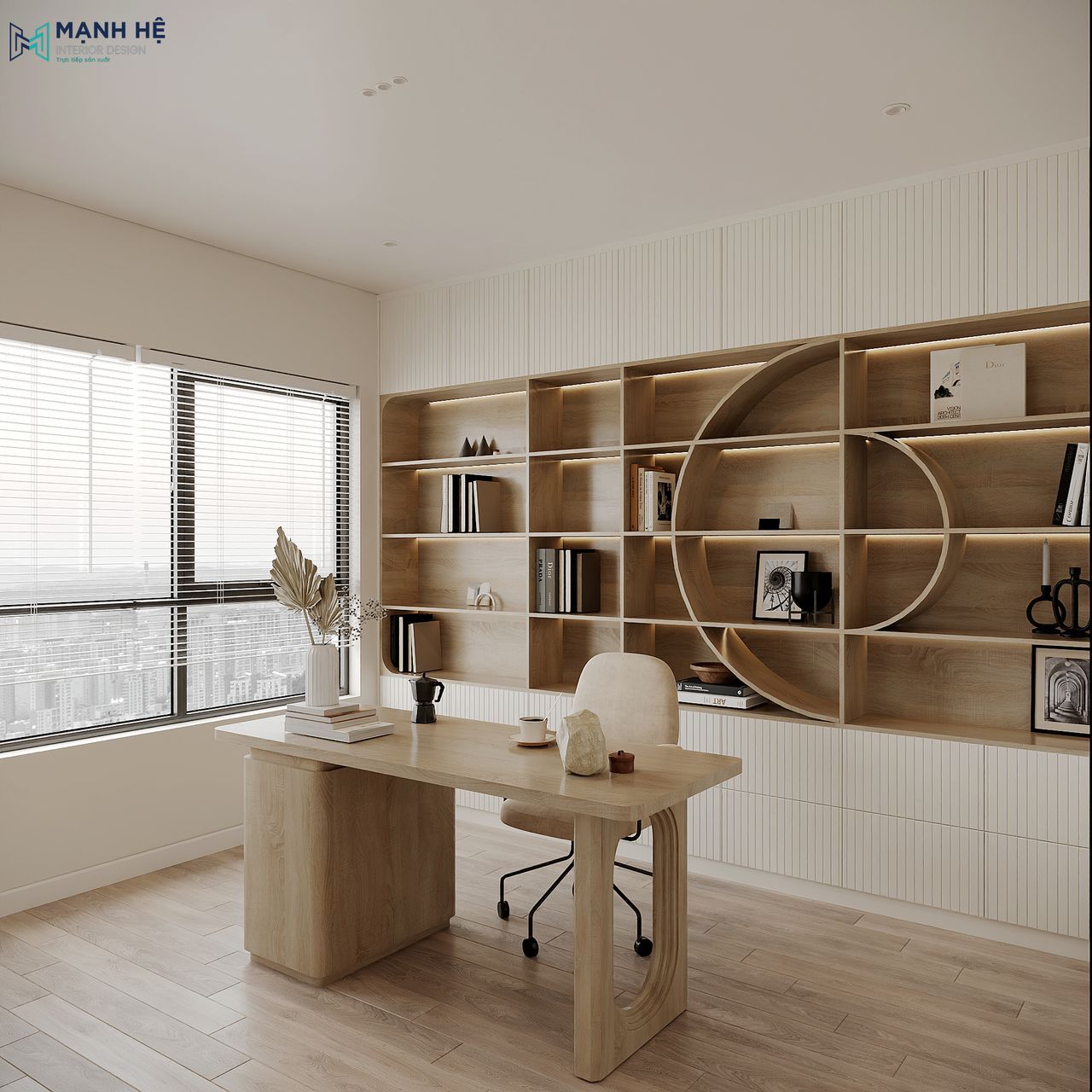 Phòng làm việc sử dụng gam màu trắng kết hợp nâu gỗ chủ đạo, được bố trí cạnh khung cửa sổ lớn