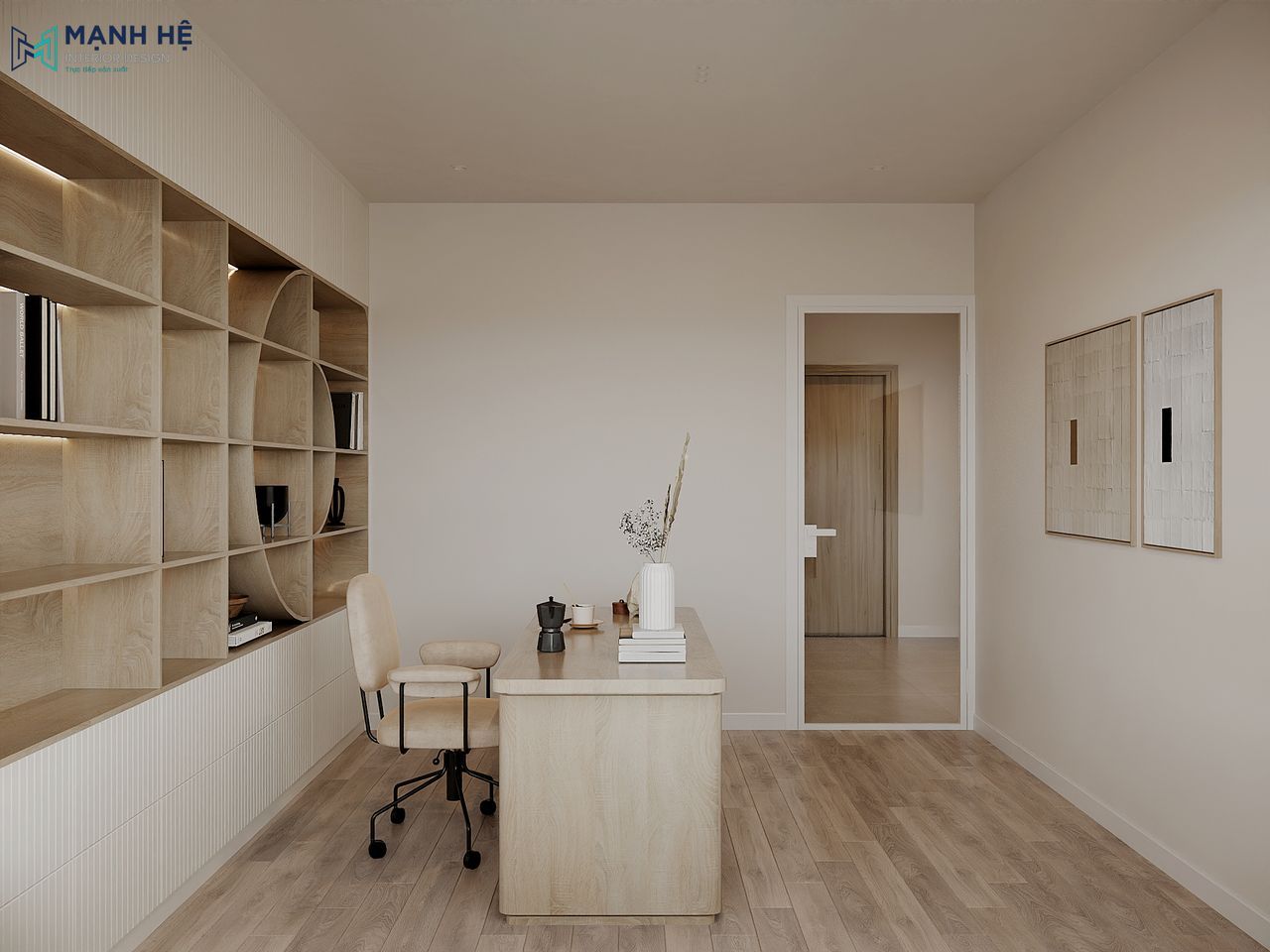 Tổng quan phòng làm việc riêng tư, chuyên nghiệp với hệ tủ kệ kịch trần cùng gam màu trung tính nhã nhặn