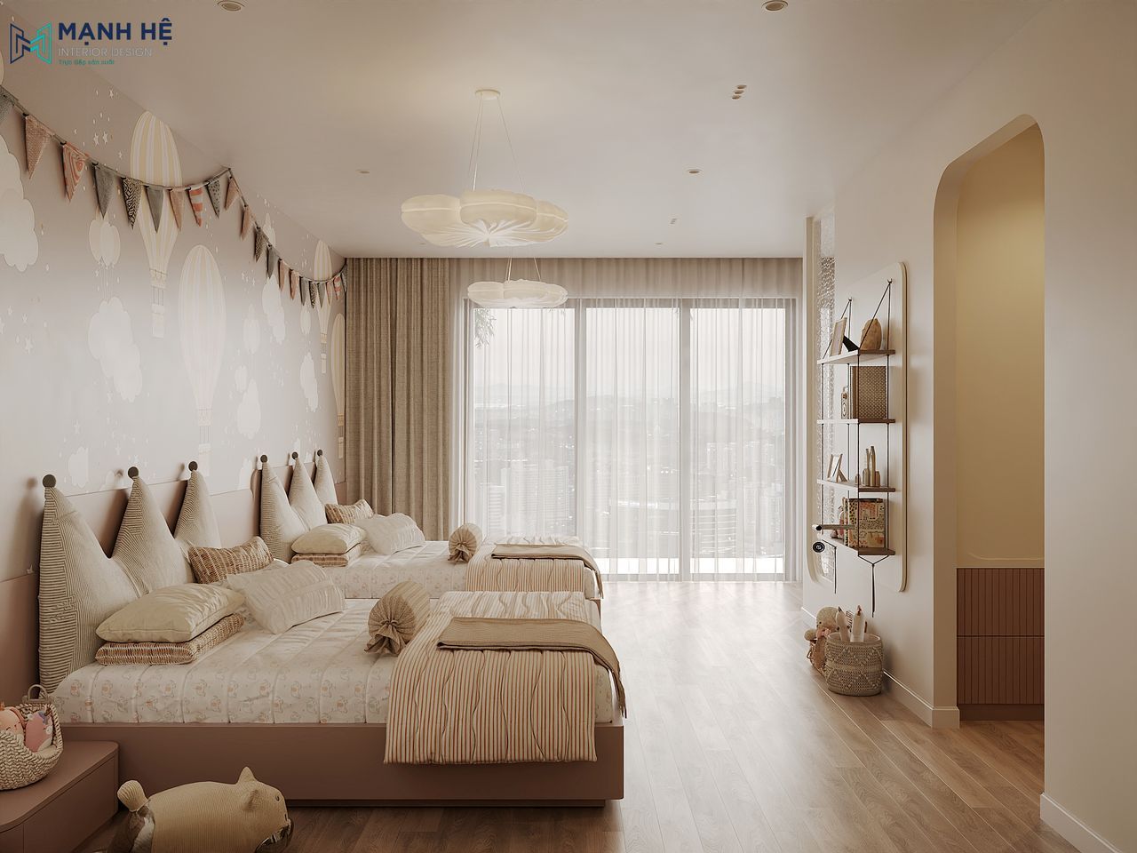 Phòng ngủ cho bé được tối ưu ánh sáng tự nhiên nhờ hệ cửa kính lớn tích hợp rèm 2 lớp