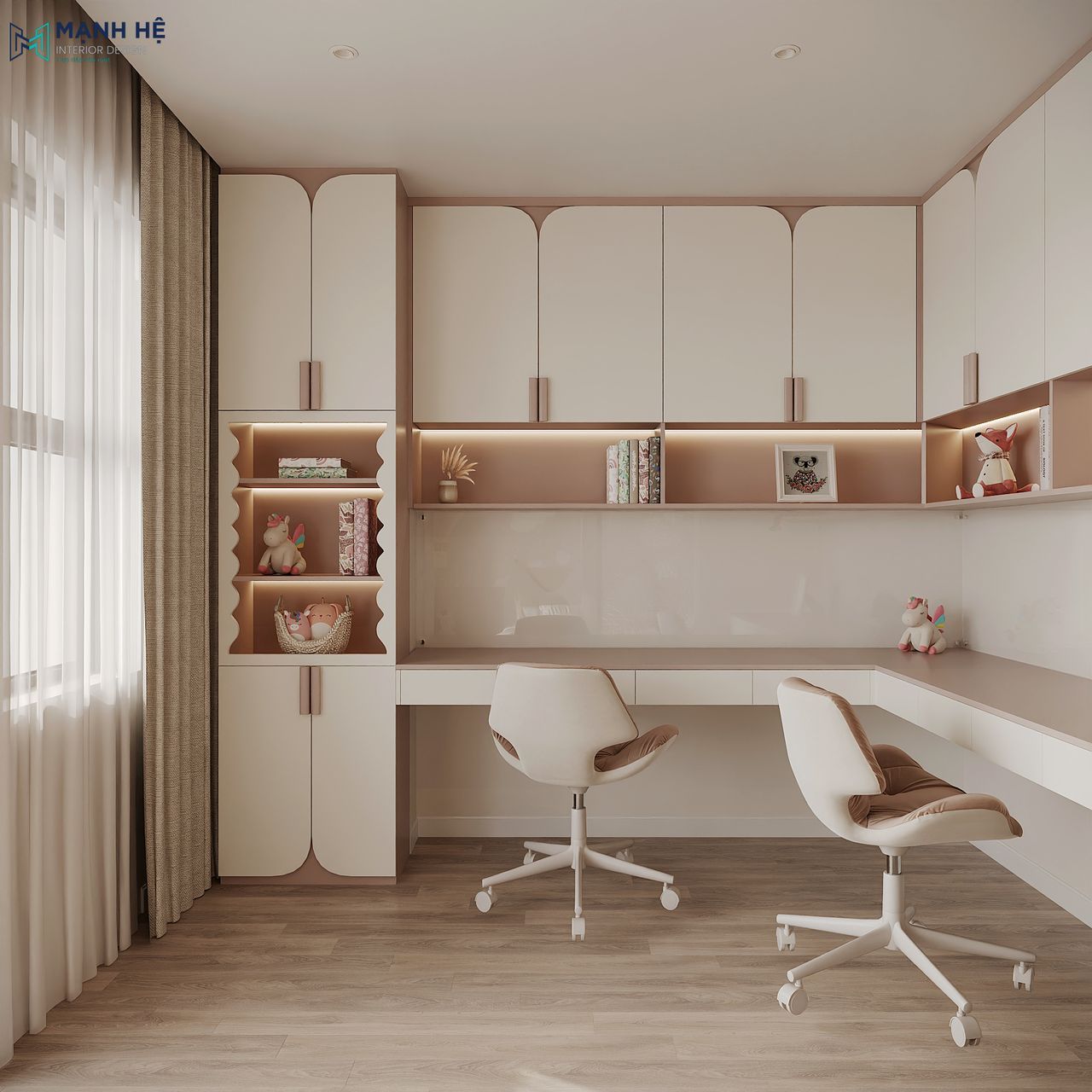 Thiết kế bàn học chữ L màu trắng phối hồng gồm 2 chỗ ngồi được bố trí ngay cửa sổ tạo thành một góc đầy sáng tạo cho bé