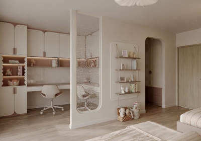 Góc học tập được bố trí riêng và ngăn cách bằng vách kính trong suốt tạo sự riêng tư nhẹ nhàng cho 2 bé