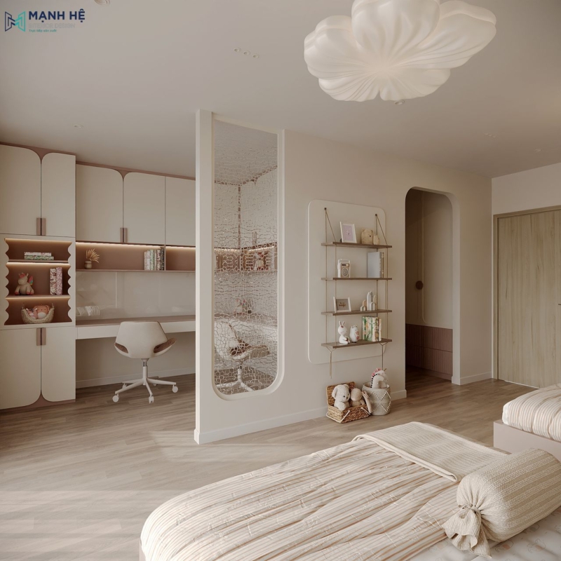 Góc học tập được bố trí riêng và ngăn cách bằng vách kính trong suốt tạo sự riêng tư nhẹ nhàng cho 2 bé
