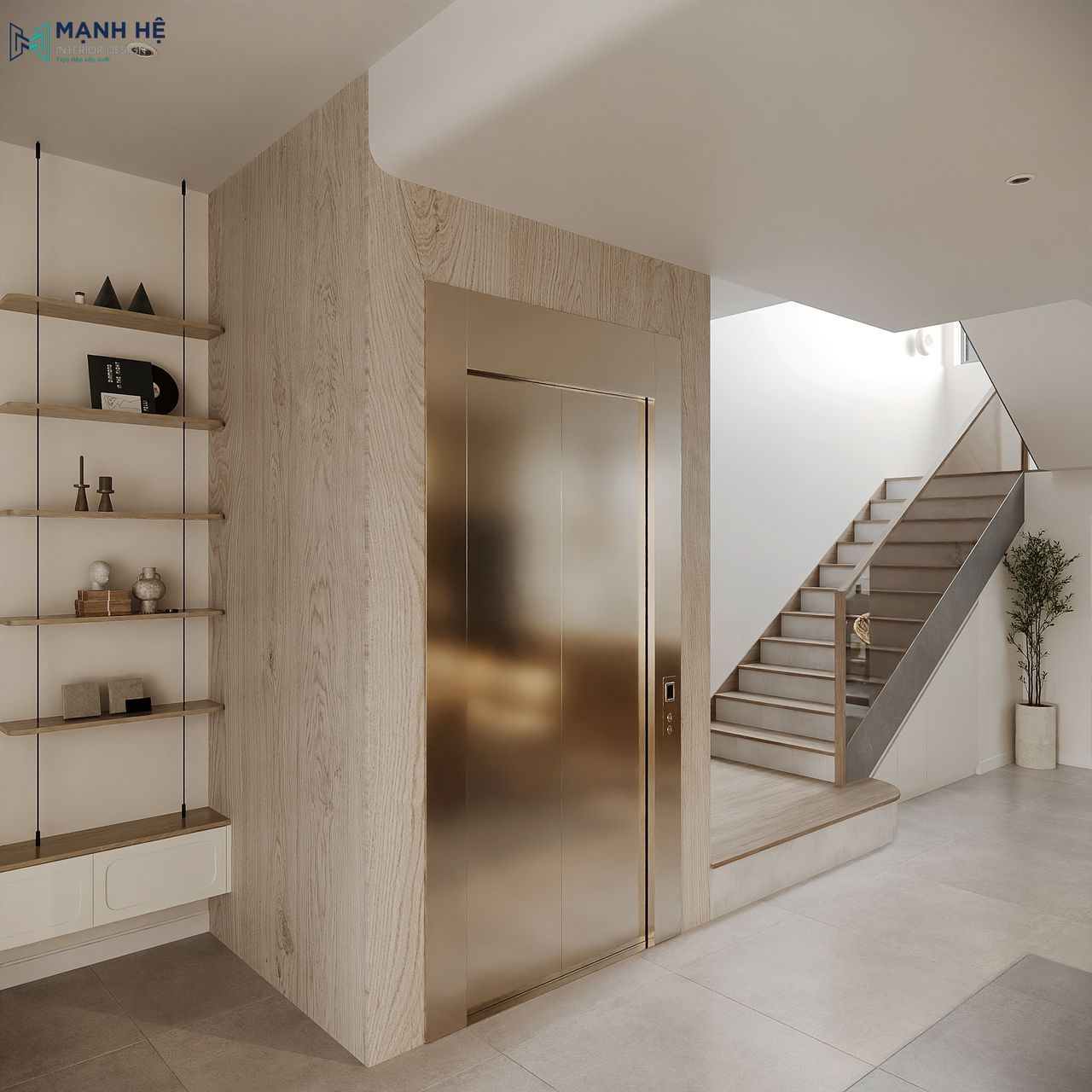 Thang máy bố trí ở trung tâm ốp gỗ sáng và khung kim loại ánh vàng tạo điểm nhấn cho phòng khách