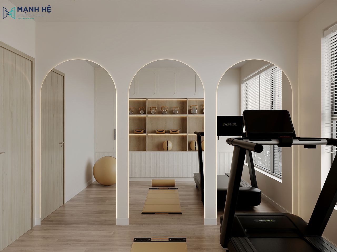 Không gian phòng tập trở nên rộng rãi hơn nhờ hệ gương lớn với thiết kế bo cong mềm mại kết hợp hệ tủ lưu trữ âm tường tiện dụng