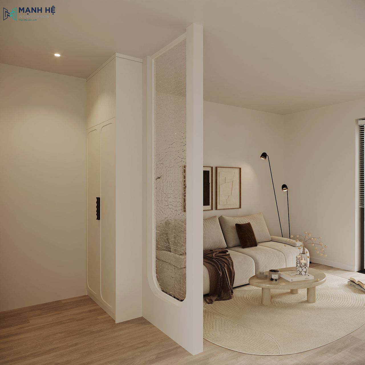 Không gian sinh hoạt chung và khu vực giặt giũ được tách biệt bởi vách ngăn nhẹ với gam màu trắng đồng bộ tạo cảm giác thông thoáng