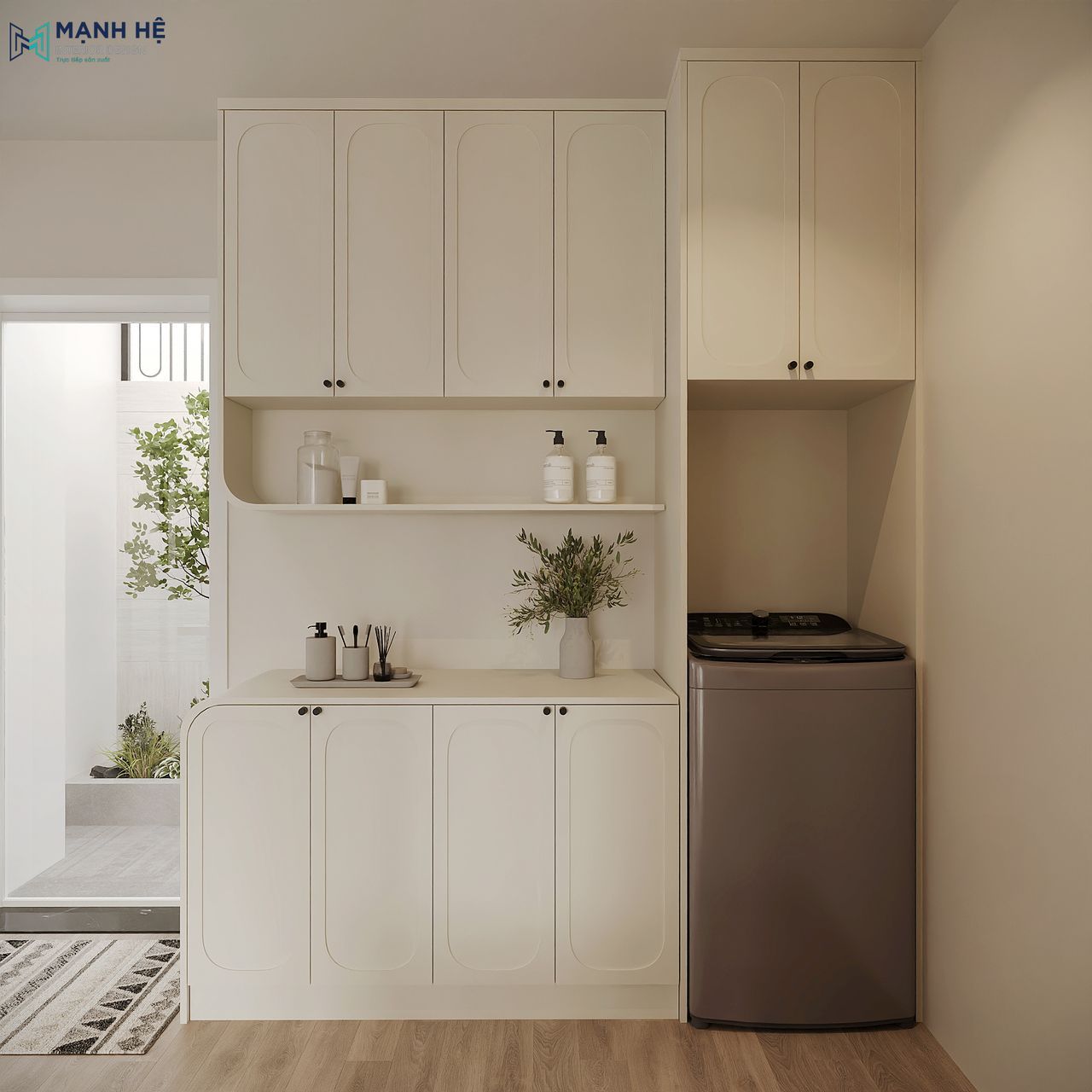 Hệ tủ giặt sấy với gam màu trắng được bố trí gọn gàng tích hợp nhiều ngăn lưu trữ tiện lợi