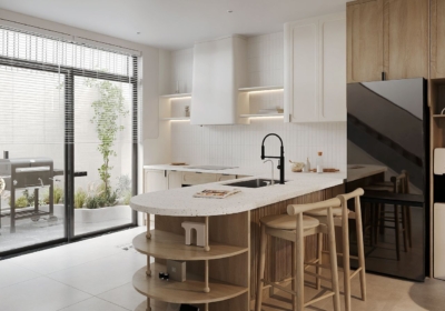 Tủ bếp chữ L kết hợp quầy bar mini sử dụng chất liệu gỗ công nghiệp chủ đạo với gam màu trắng phối nâu gỗ hài hòa