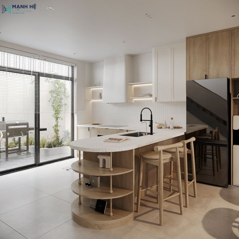 Tủ bếp chữ L kết hợp quầy bar mini sử dụng chất liệu gỗ công nghiệp chủ đạo với gam màu trắng phối nâu gỗ hài hòa