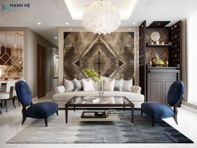 Phòng khách chung cư Sunwah Pearl phong cách tân cổ điển, có bàn thờ Á Đông và vách đá marble đối xứng sau sofa.