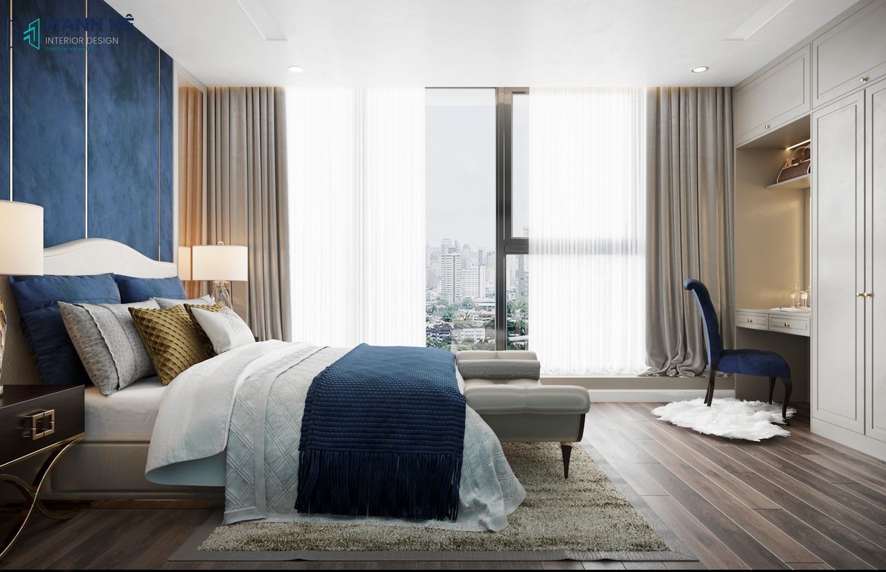Phòng ngủ master căn hộ Sunwah Pearl với giường đôi sang trọng, ghế băng cuối giường, rèm vải hai lớp và ánh sáng tự nhiên tràn ngập từ cửa kính lớn.