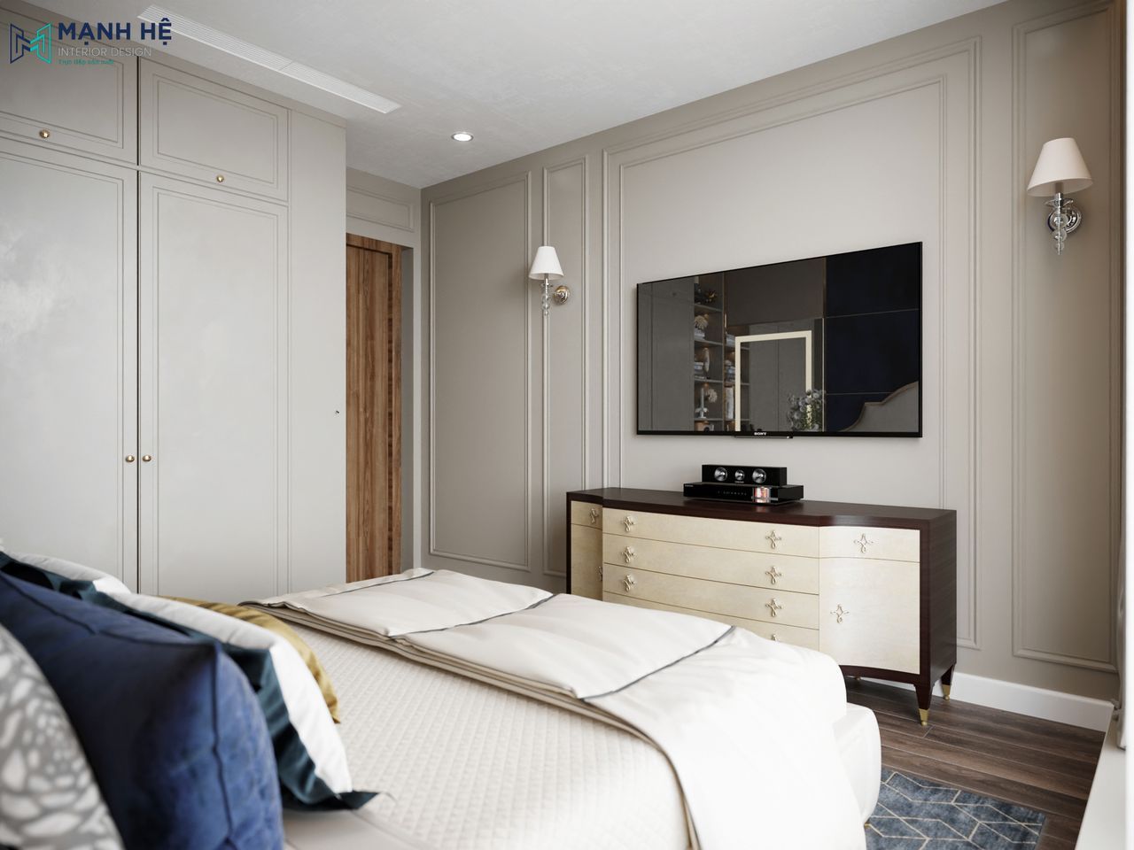 Kệ tivi phong cách tân cổ điển dáng cong, phối gỗ sẫm màu và cánh tủ sáng ánh kim, được bố trí đối diện giường ngủ