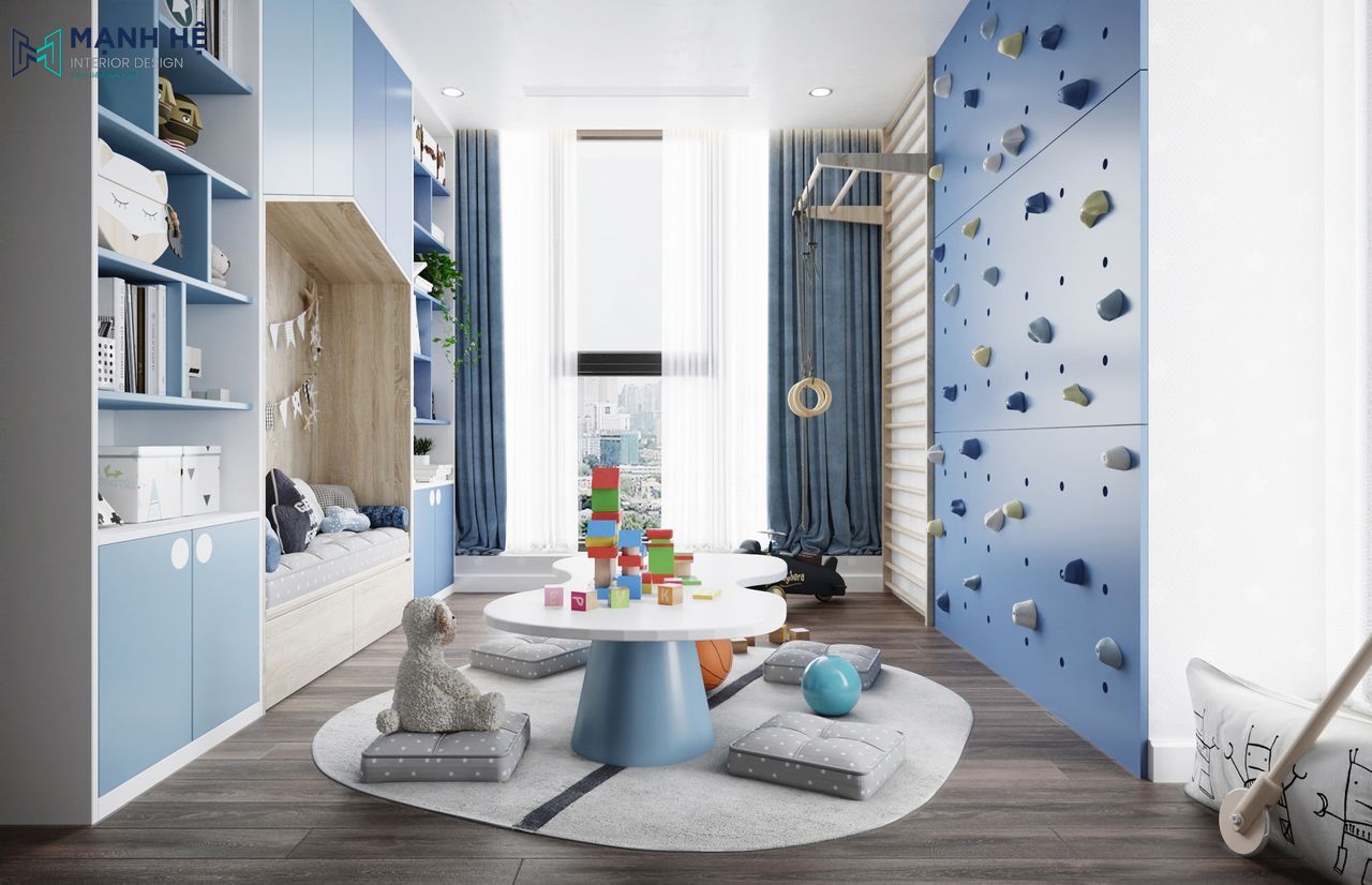 Khu vận động trong phòng bé với thang gỗ, vòng treo và vách leo mini với gam màu xanh phối trắng năng động