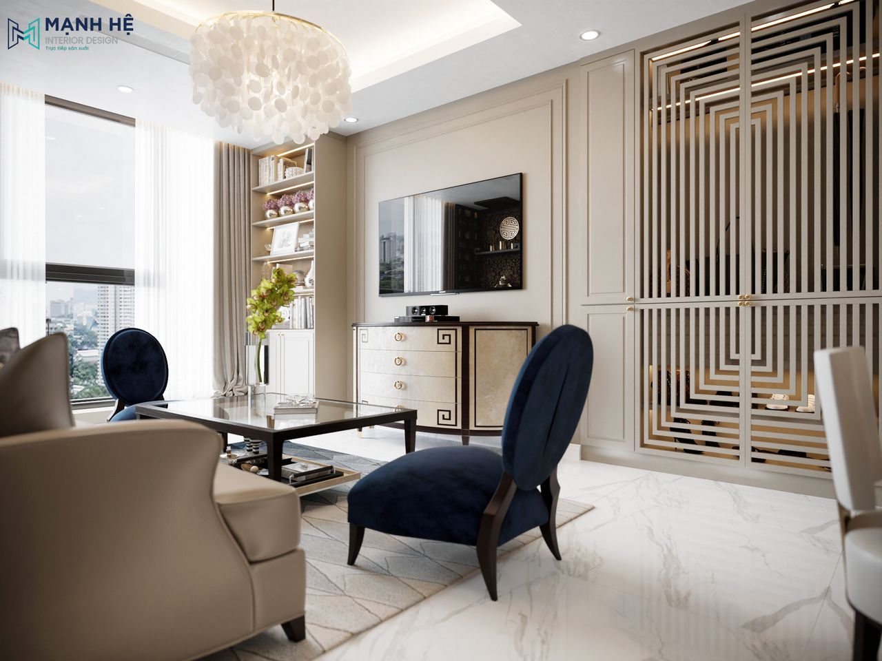 Kệ tivi tân cổ điển kết hợp kệ trang trí âm tường đồng bộ, gam màu be – vàng thanh lịch trong phòng khách chung cư Sunwah Pearl.