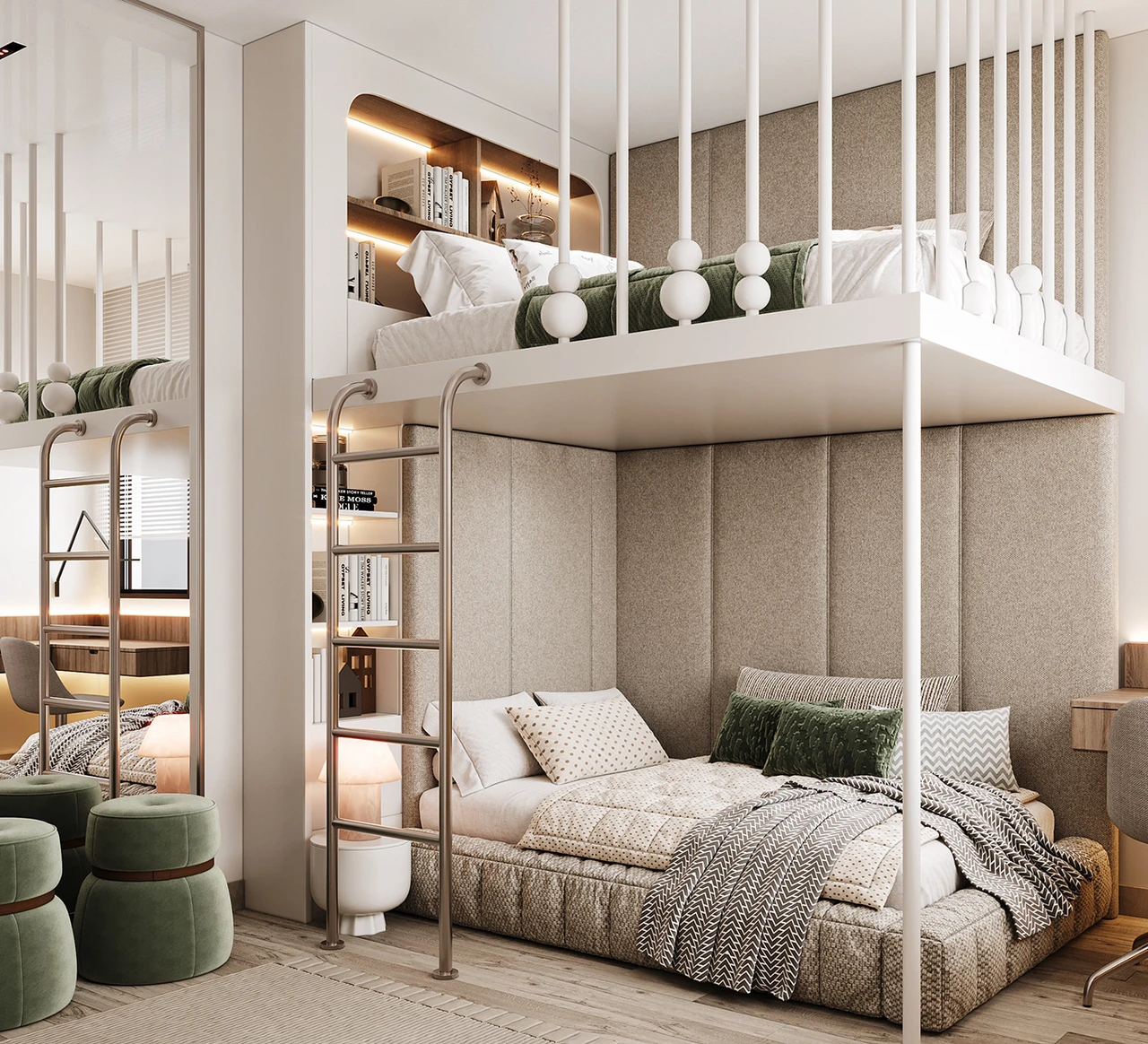 Giường tầng gỗ công nghiệp được thiết kế độc đáo tích hợp với kệ sách đồng thời ốp nệm tạo độ êm ái cho không gian