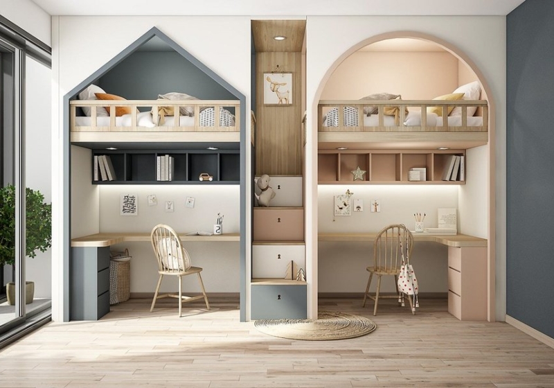 Thiết kế giường tầng cho 2 bé với 2 kiểu riêng biệt, phù với sở thích của từng bé, giúp bé dễ dàng phát triển trong không gian của mình