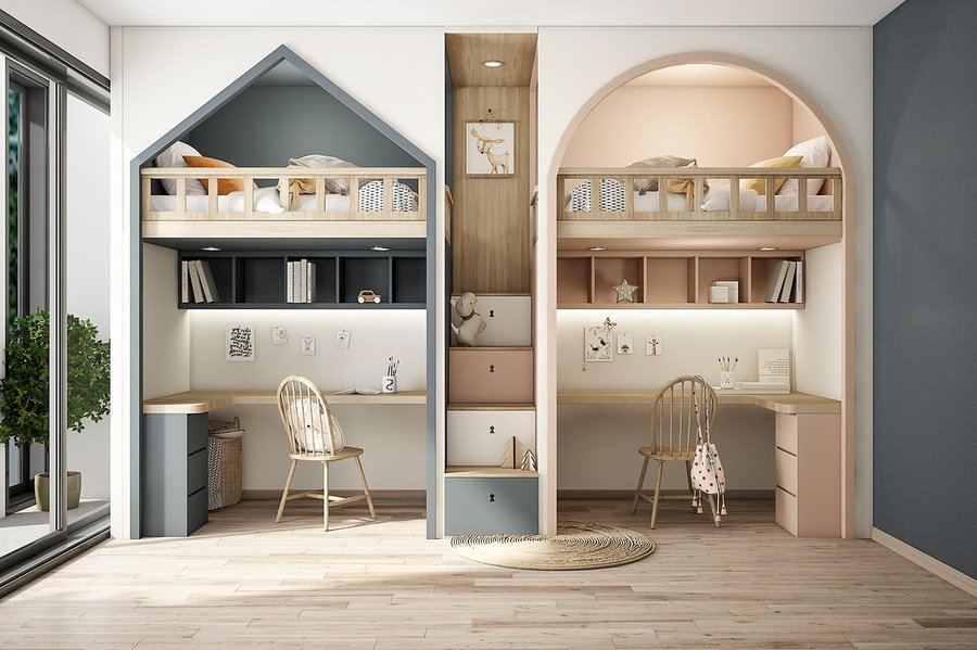 Thiết kế giường tầng cho 2 bé với 2 kiểu riêng biệt, phù với sở thích của từng bé, giúp bé dễ dàng phát triển trong không gian của mình