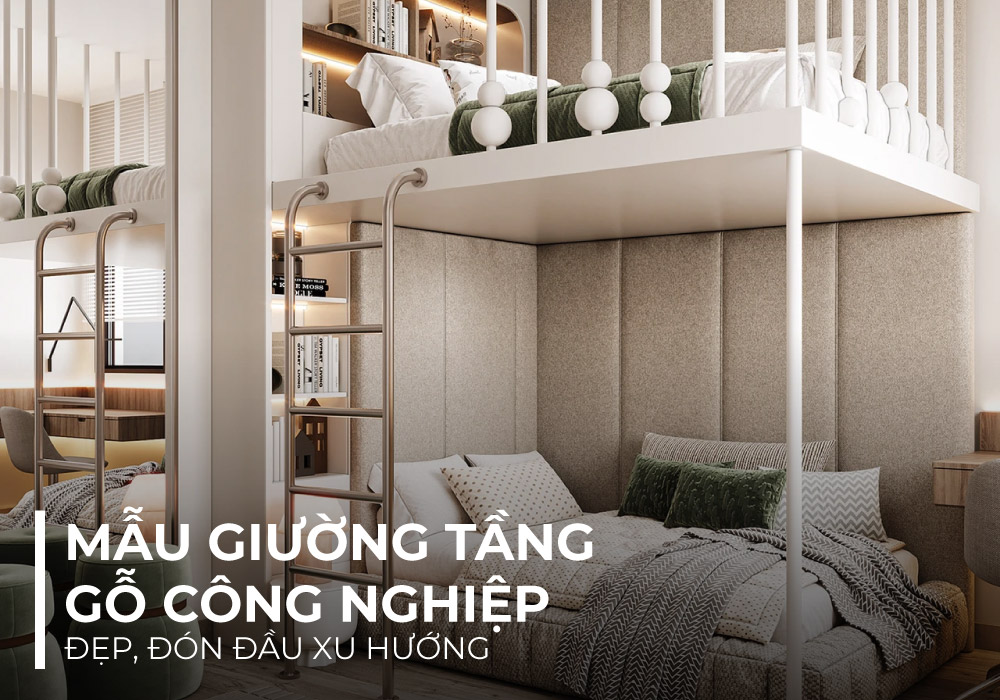 Giường tầng gỗ công nghiệp được thiết kế gam màu trắng tinh tế tích hợp với kệ sách đồng thời ốp nệm tạo độ êm ái cho không gian