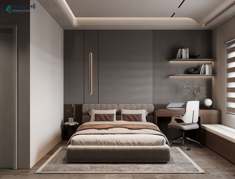Phòng ngủ hài hòa với ánh sáng tự nhiên và hệ đèn âm hắt hiện đại tạo không gian ấm cúng