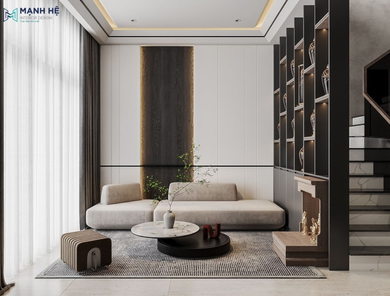 Phòng khách với sofa chữ I và bàn trà đôi hiện đại, kết hợp gam màu trung tính tạo không gian sang trọng