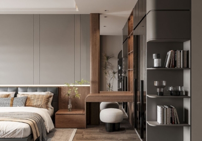 Bàn trang điểm gỗ công nghiệp được tích hợp với tab đầu giường và tủ quần áo tạo không gian liền mạch