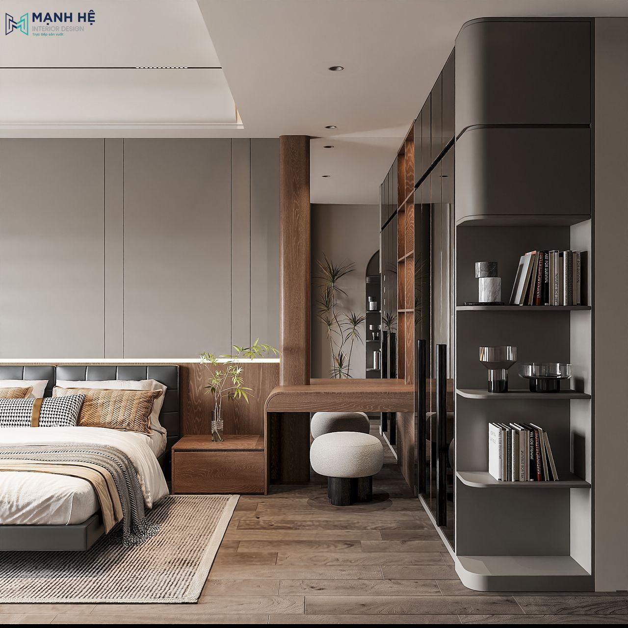 Bàn trang điểm gỗ công nghiệp được tích hợp với tab đầu giường và tủ quần áo tạo không gian liền mạch