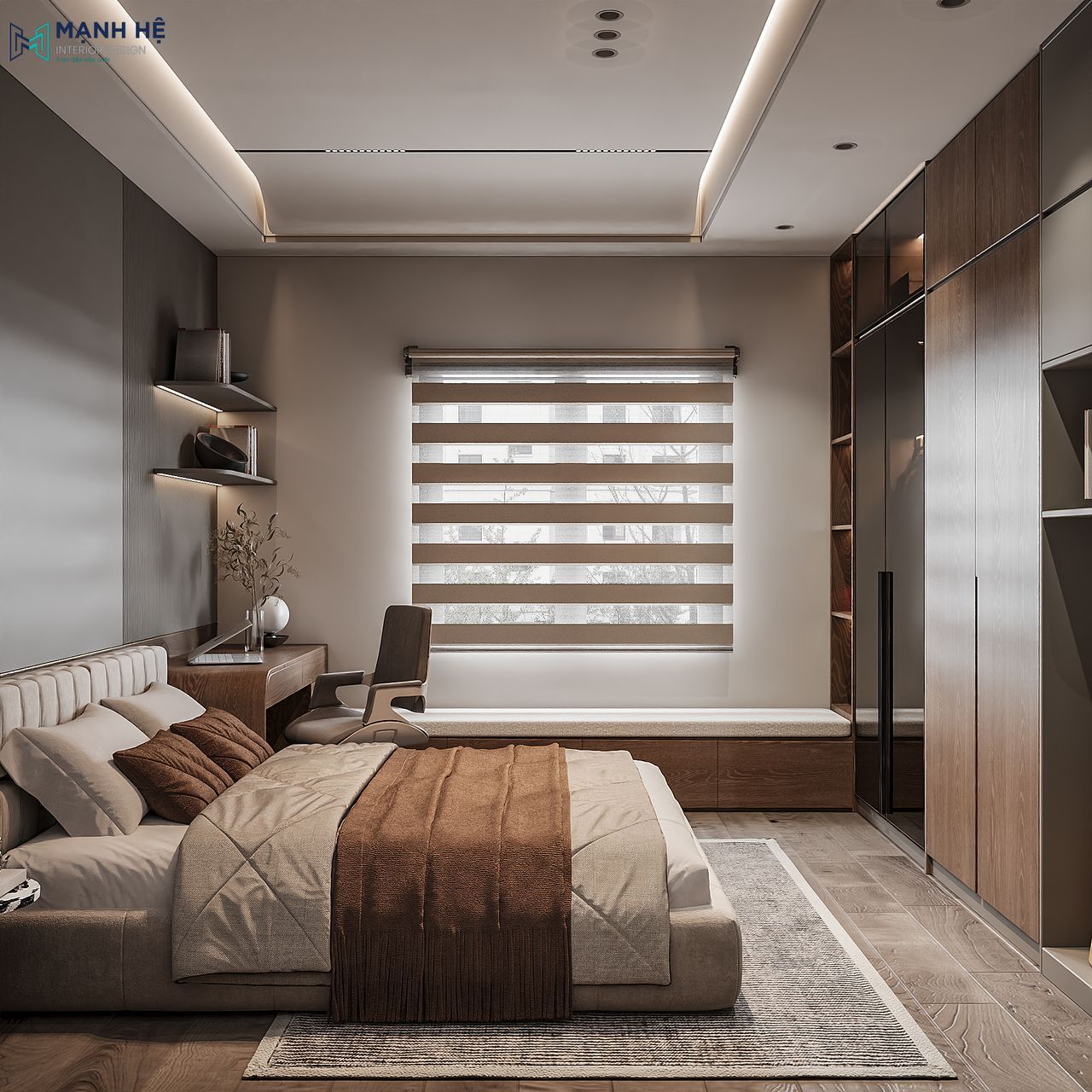 Không gian làm việc và bục ngồi thư giãn được đặt cạnh cửa sổ để tận dụng ánh sáng tự nhiên