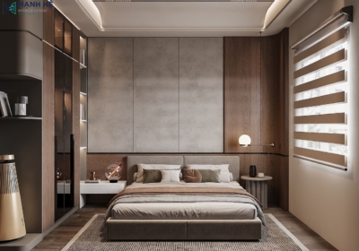 Phòng ngủ ấn tượng với vách đầu giường được sơn hiệu ứng bê tông kết hợp vách gỗ bo cong làm điểm nhấn