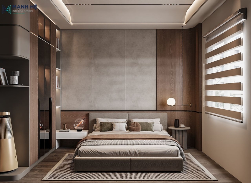 Phòng ngủ ấn tượng với vách đầu giường được sơn hiệu ứng bê tông kết hợp vách gỗ bo cong làm điểm nhấn