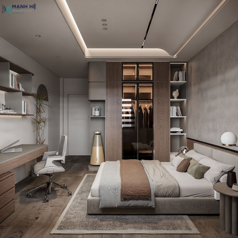 Trần thạch cao được thiết kế bo cong nhẹ kết hợp hệ thống đèn âm hắt hiện đại cho không gian phòng ngủ