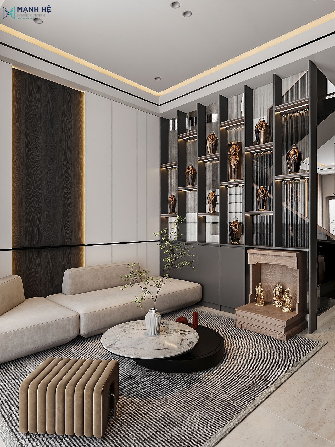 Thiết kế kệ trang trí đụng trần với vách kính mờ tích hợp không gian thờ tinh tế, trang nghiêm 