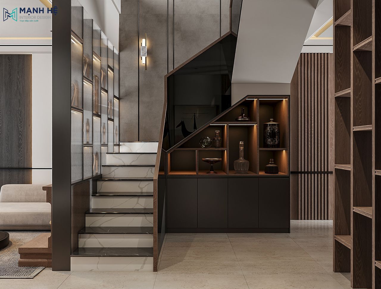 Cầu thang được thiết kế với lan can kính đen tinh tế, tận dụng gầm cầu thang để bố trí kệ trưng bày giúp tăng thẩm mỹ
