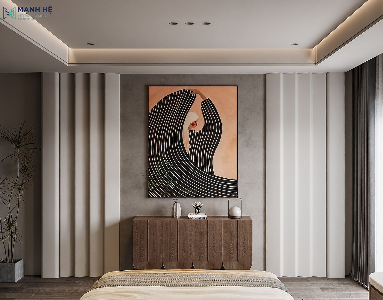 Phòng ngủ được trang trí tranh treo và ốp vách 3D hai bên tạo bố cục nghệ thuật đối xứng