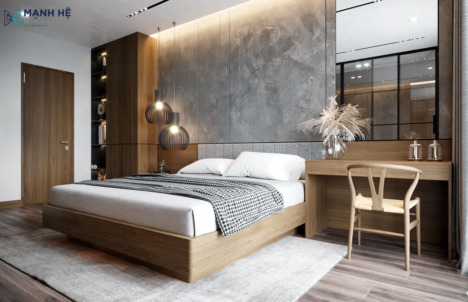 Thiết kế bàn trang điểm cạnh cửa sổ kết hợp tấm gương lớn giúp tạo chiều sâu cho không gian