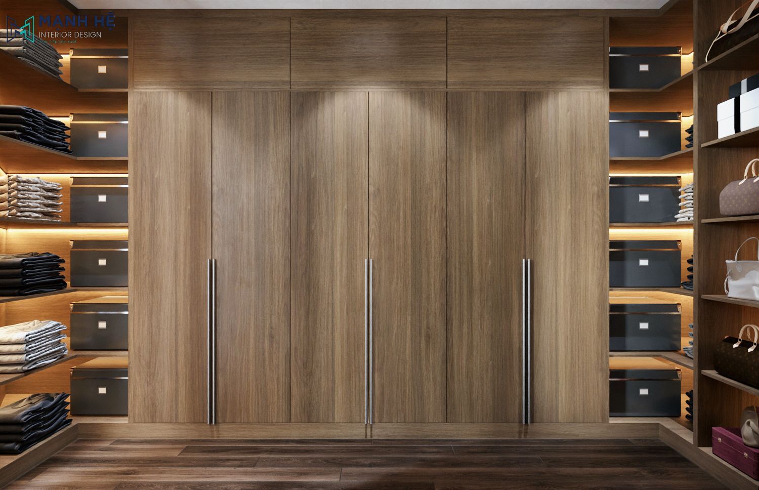Thiết kế tủ quần áo 6 cánh kịch trần để lưu trữ được nhiều quần áo, kết hợp hệ tủ mở ở 2 bên để linh hoạt trưng bày