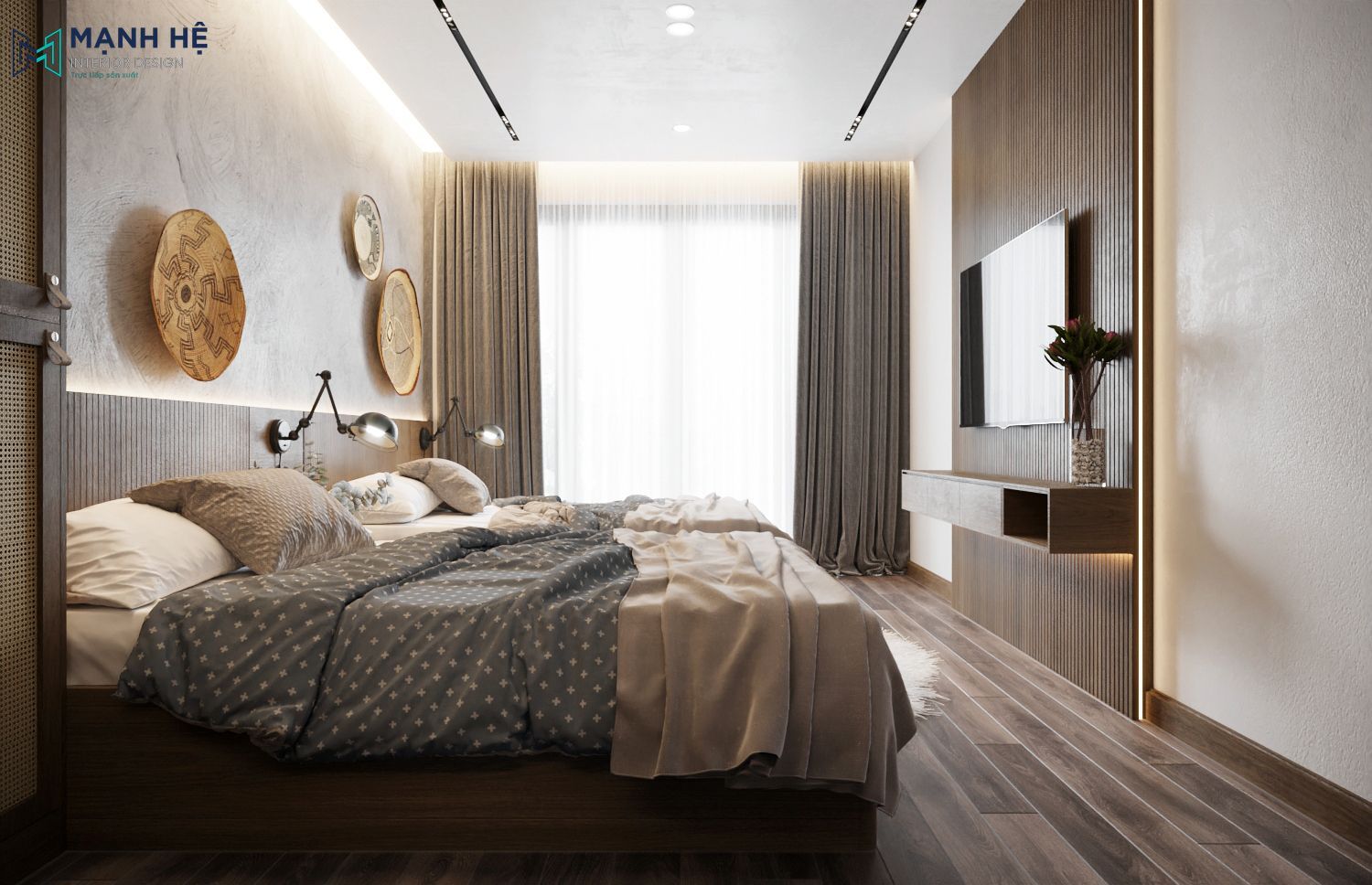 Phòng ngủ hai bé với giường đơn gỗ, ga giường xám chấm trắng, cửa sổ lớn và rèm vải xếp lớp.