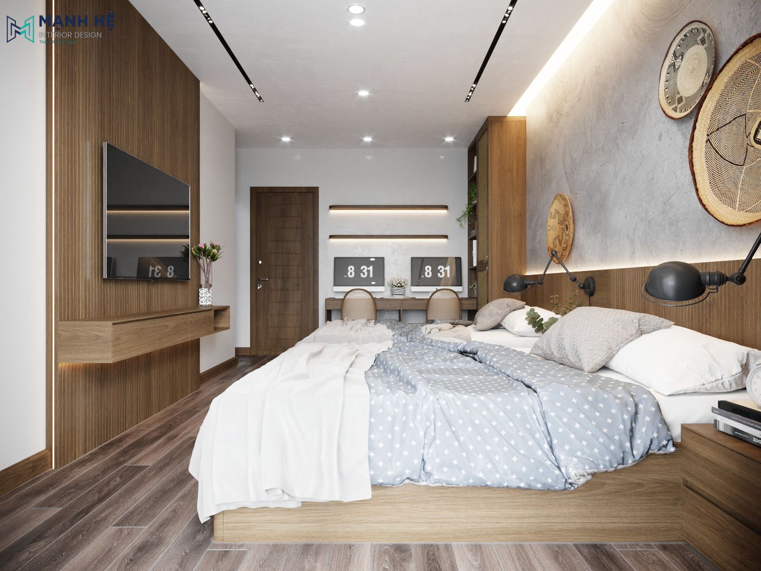 Bàn học đôi với giá sách, máy tính, ghế ngồi mây đan và giường đôi liền kề trong phòng ngủ trẻ em hiện đại