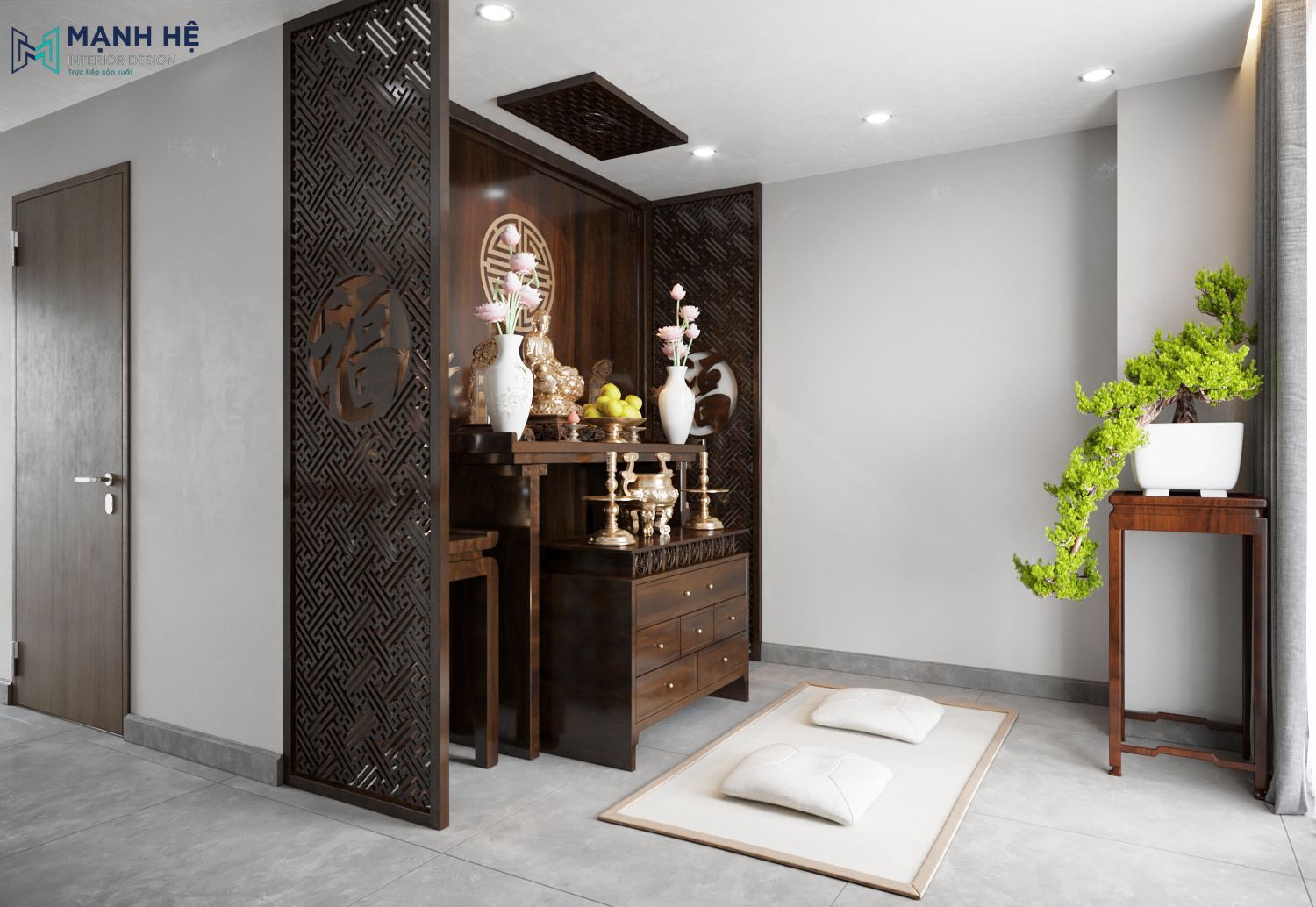 Vách ngăn CNC hoa văn gỗ cổ xửa và chậu cây bonsai đặt cạnh cửa sổ lớn.